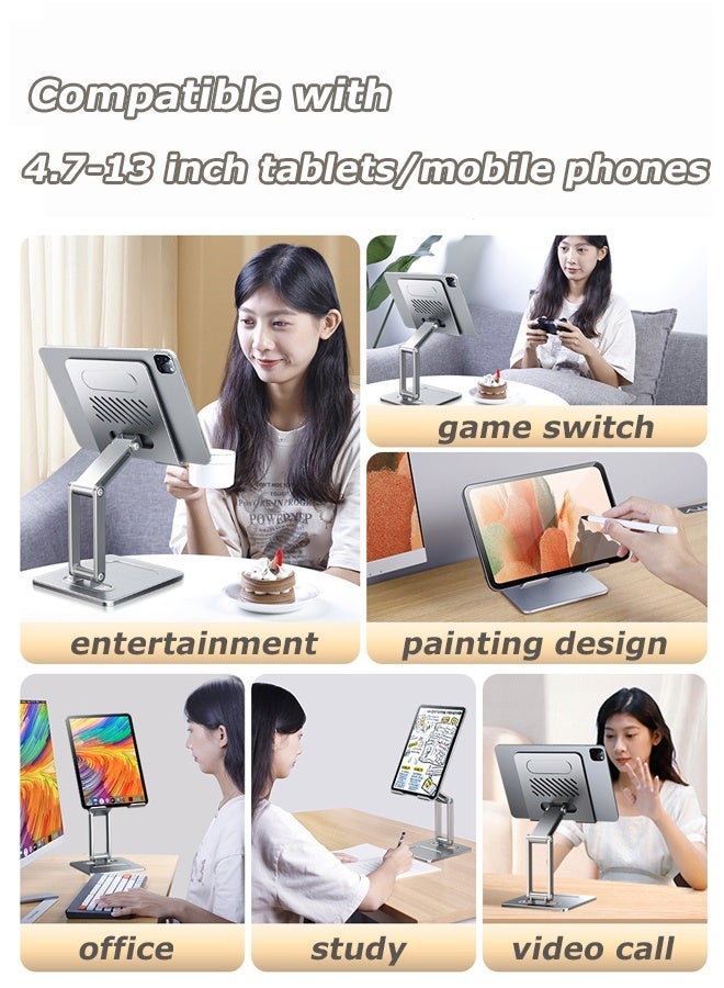 NIBEMINENT حامل لوحي قابل للطي، حامل آيباد قابل للتعديل مع قاعدة دوارة 360°، حامل لوحي من سبائك الألمنيوم، حامل هاتف قابل للطي متعدد الاستخدامات، متوافق عالميًا مع الأجهزة من 4.7" إلى 13" رمادي - Image 4